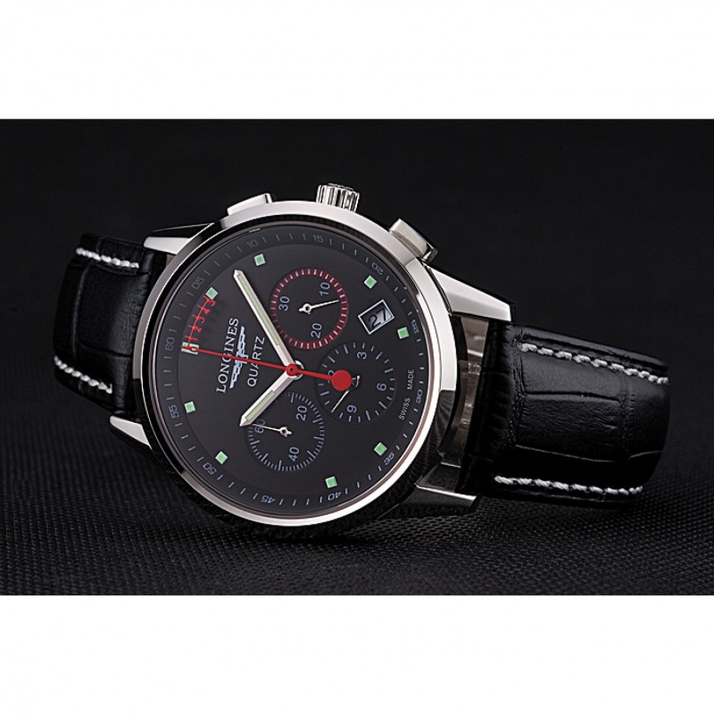 Longines Column Wheel Black Dial Silver Stainless Steel Case Black Leather Strap Replica Watches