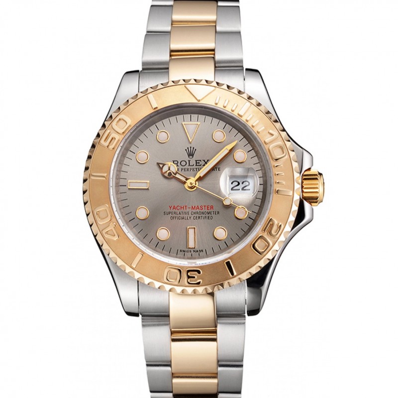 Swiss Rolex Yacht-Master Gray Dial Gold Bezel Stainless Steel Case Two Tone Dial Replica Watches