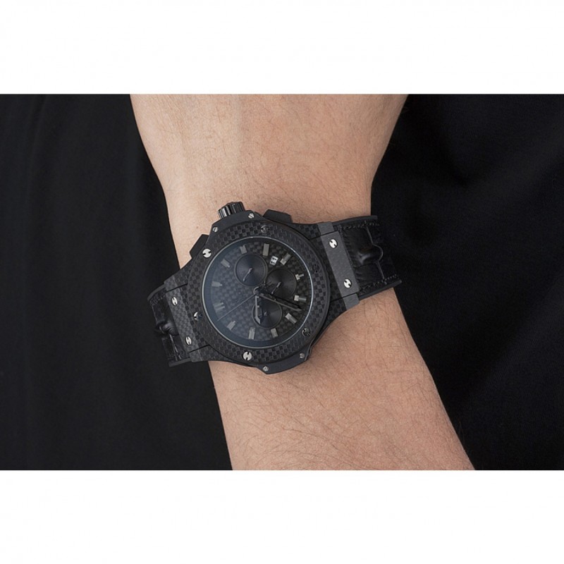 Hublot Big Bang Carbon Dial Carbon Case And Bezel Black Leather Strap 622773 Replica Watches