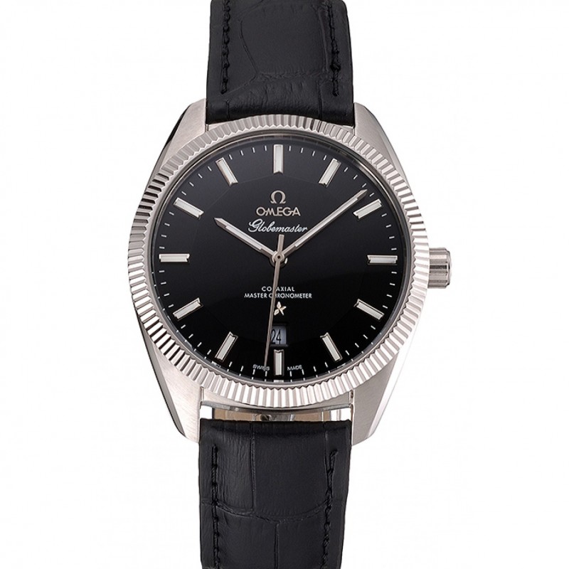 Omega Globemaster Black Dial Stainless Steel Case Black Leather Strap Replica Watches