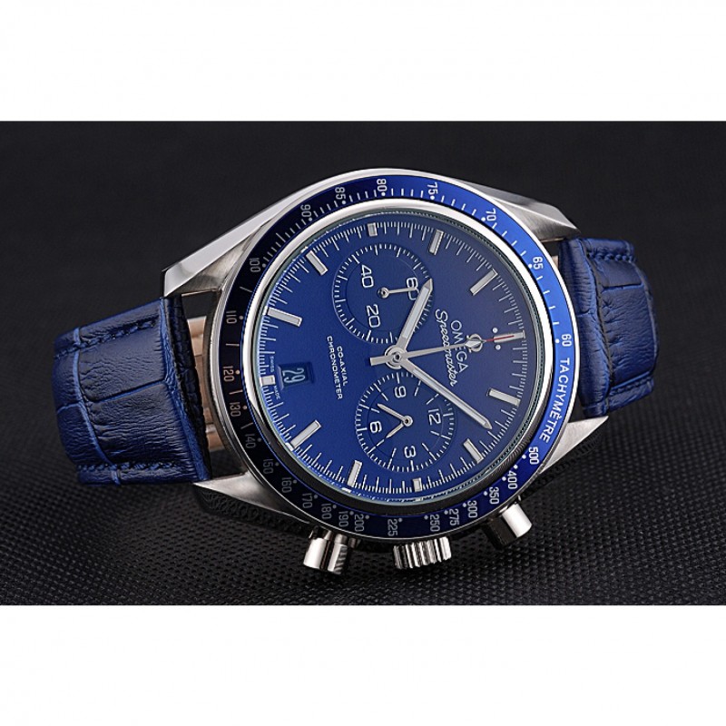 Omega Speedmaster Blue Dial Stainless Steel Case Blue Leather Strap 622808 Replica Watches